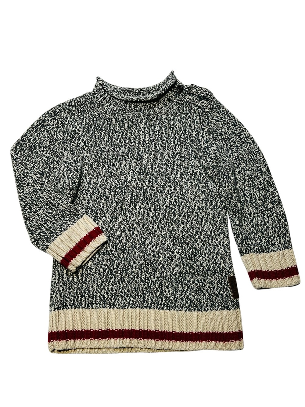 Roots Marled Black & Cream Turtleneck Sweater with Burgundy Stripes
